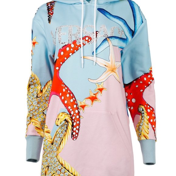 New: VERSACE Tresor De La Mer Logo Long Sleeve Hoodie Dress In Light Blue Multi, - Picture 1 of 5